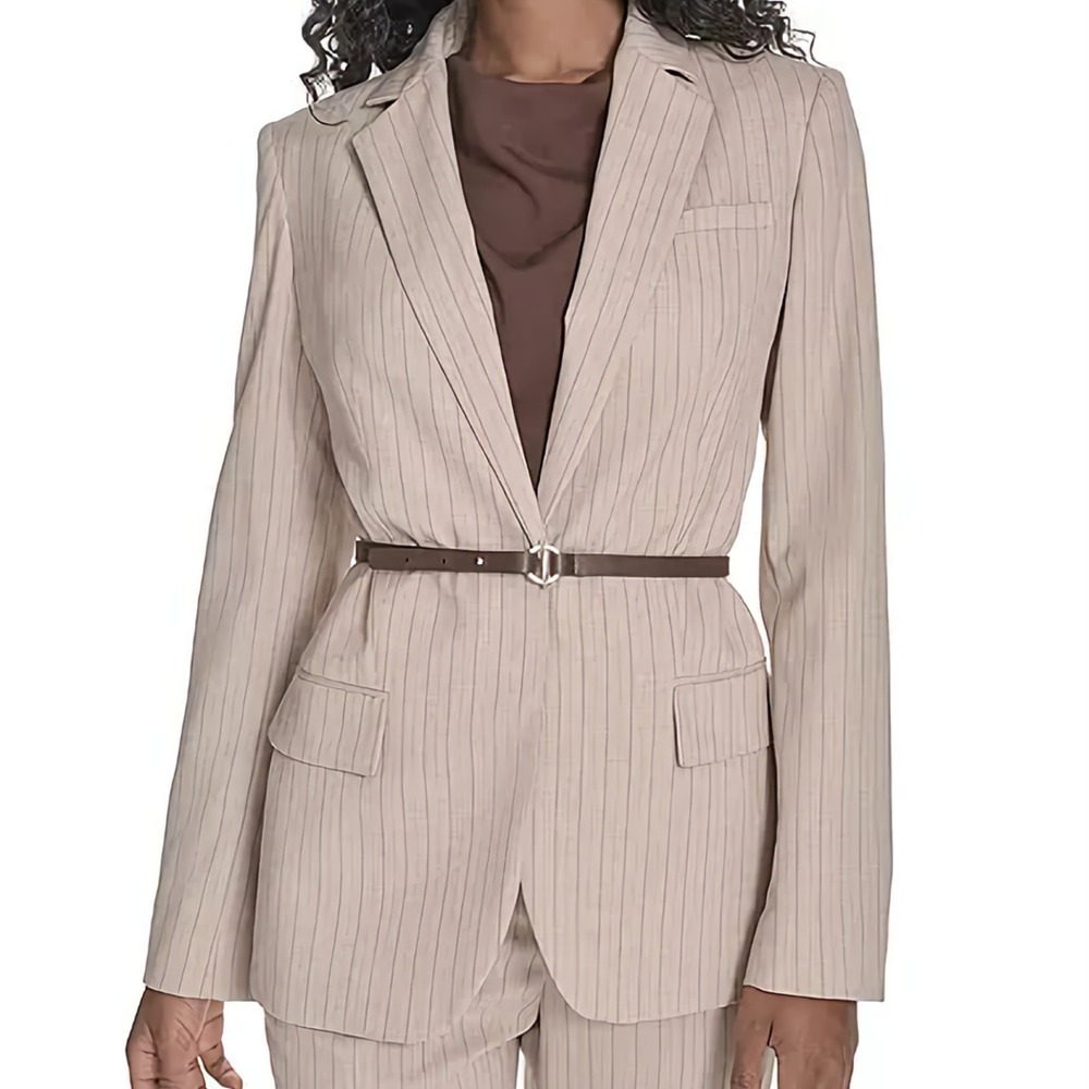 Calvin Klein Belted Pinstripe‎ Jacket Blazer Lined Shoulder Pads Womens Size 12